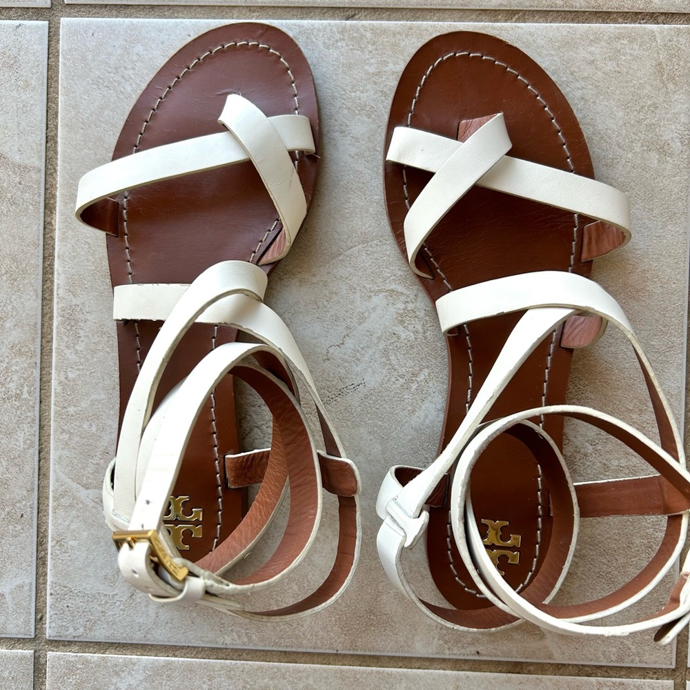 Tory Burch White Brown Sandals Gladiator Ankle Wrap Designer Leather Shoes Sz 9 - Picture 2 of 8